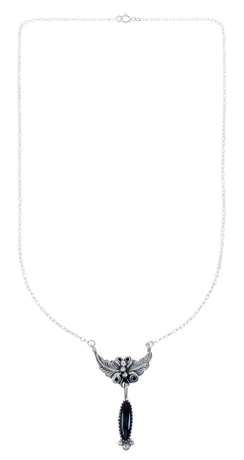 Native American Navajo Onyx Sterling Silver Leaf Chain Necklace AX127533